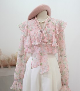 粉色雪纺衫上衣2023秋季法式浪漫荷叶边系带印花小花衫仙气衬