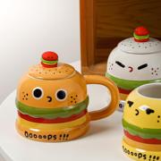 韩式可爱汉堡陶瓷马克杯搞怪釉下彩创意立体带盖勺水杯表情杯礼物