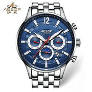 aesop伊索手表精钢壳钢带商务，非机械手圆形夜光日历男国产腕表