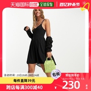香港直邮潮奢asos女士设计吊带，迷你v领束腰缝线连衣裙(黑色)