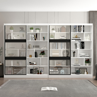 实木书柜一体靠墙收纳柜，自由组合格子柜，书橱书柜带玻璃门置物柜