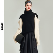 HAVVA2023冬季露肩毛衣女设计感宽松气质高领针织衫M86030
