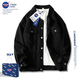 NASA联名外套男女2024早春潮牌美式黑色牛仔夹克翻领加厚衣服