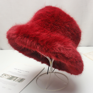 红色毛毛渔夫帽女冬天加厚保暖纯色百搭显脸小兔毛，盆帽毛绒帽子