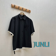 junli授权黑色毛边，白色拼接棉麻，感翻折口袋短袖衬衫surgir