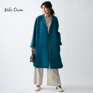 Mila Owen 秋冬季日系通勤气质简约无领阔版长袖羊毛呢大衣外套女