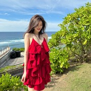 三亚沙滩裙小个子海边度假订婚礼服红色v领荷叶边吊带连衣裙女夏