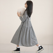 韩国女童文艺复古黑白，小格子连衣裙，2024春季儿童长袖洋气公主裙子