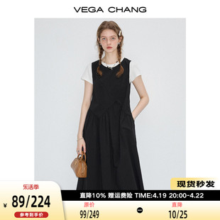vegachang黑色显瘦气质连衣裙，女2024年夏设计(夏设计)感a字背心长裙