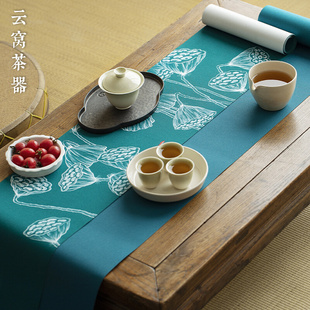 防水茶席新中式禅意布艺茶旗蓝色，绿色功夫茶具麻布干泡茶垫