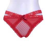 外贸原单女式丁字裤性感波点透视蕾丝个性双带，设计蝴蝶结红色高弹