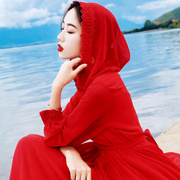 好货夏旅游拍照大红色长裙仙女雪纺连衣裙连帽度假沙滩裙大摆