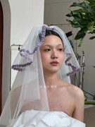 头纱新娘主婚纱短款蓬蓬，纱紫色蕾丝花边结婚登记领证婚礼头饰超仙