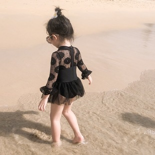 女童泳衣童装夏公主连体黑色蕾丝儿童泳衣女孩宝宝长袖游泳衣