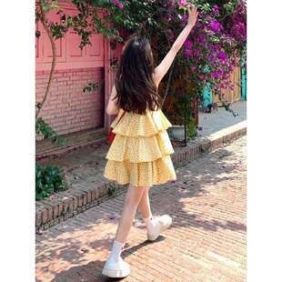夏季法式甜美V领吊带荷叶边黄色碎花连衣裙女小个子蛋糕裙蓬蓬裙