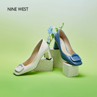 Nine West/玖熙故事沙漏真皮方扣单鞋2024春粗跟方头高跟鞋女