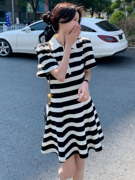 黑白条纹针织polo连衣裙，女夏2023韩系休闲宽松小个子t恤短裙