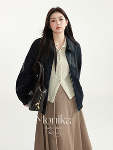 摩妮卡大码长袖韩版翻领皮衣春季女装胖mm宽松夹克开衫外套