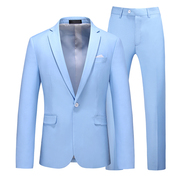 天蓝色西装男两件套修身大码职业宽松220斤青年商务礼服休闲裤子