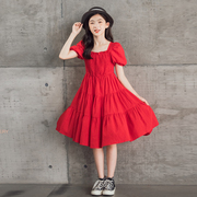 女童泡泡袖方领连衣裙，夏季2024女大童洋气，红色公主裙裙子