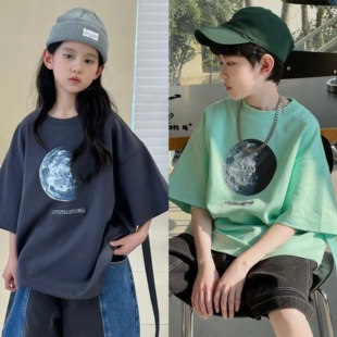 波拉韩国女男孩小中大儿童装夏青少年初中生亲子星球短袖T恤上衣