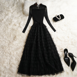 赫本风小黑裙春秋法式高级感长款蓬蓬长裙黑色女礼服蛋糕裙连衣裙