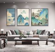 千里江山图客厅挂画新中式，建筑画沙发背景墙，装饰画三联山水画壁画