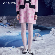 vjcolivia2023秋冬粉色，半身裙撞色提花，高腰修身包臀短裙女装