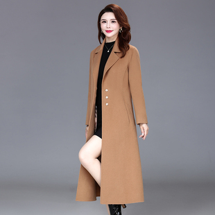 秋冬韩版双面羊绒女士外套过膝中长款西装领气质修身毛呢酒红大衣