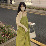 夏天孕妇裙子外穿时尚款韩版潮妈孕妇吊带连衣裙绿色一字领中长裙
