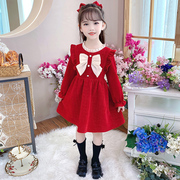 女童公主裙春秋季宝宝红色连衣裙，洋气长袖儿童裙子甜美小女孩童装