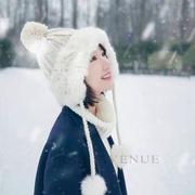 白色兔毛毛线帽子女冬季雷锋帽女加绒加厚保暖护耳帽毛球针织帽女
