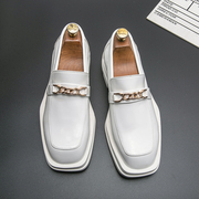 白色方头皮鞋男2023潮流个性厚底内增高德比鞋商务正装小白鞋