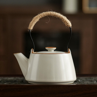 米黄汝窑茶壶提梁壶开片复古单壶家用功夫茶具，中式陶瓷泡茶器冰裂