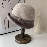 羊毛呢帽子女士秋冬季保暖渔夫帽英伦卷边礼帽中老年人妈妈盆帽