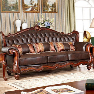 美式实木真皮沙发客厅，复古皮艺沙发，组合别墅雕花沙发欧式奢华家具