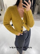 设计师品牌YEARLYPLAN显白黄色针织开衫短款毛衣女23秋冬