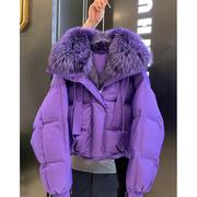 美拉德紫色短款毛领棉服，女冬季小个子加厚保暖宽松面包服棉衣外套