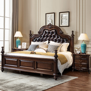 美式实木床真皮双人床主卧婚床胡桃色高端软包床，欧式雕花卧室大床