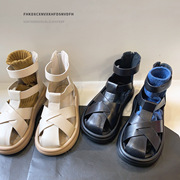 漆皮复古童鞋夏款2024儿童凉鞋，包头镂空女童，罗马凉靴小女孩短靴潮