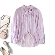 美之浪漫梦幻紫色珠链装饰真丝，双绉衬衫上衣桑，蚕丝飘带长袖衬衣