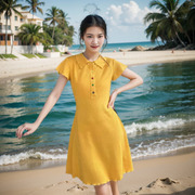 夏装韩系小众翻领套头，排扣显瘦短袖中裙，a字黄色休闲连衣裙女潮