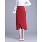 红色包臀半身裙女中长款直筒裙2024显瘦限步裙，时尚高腰一步裙