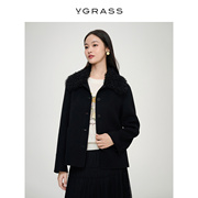 vgrass洋气黑色拼接毛领，气质毛呢短外套女冬季高级感羊毛羊绒
