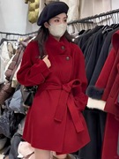 秋冬过年红色羊绒大衣女，短款小个子系带，立领双面羊毛呢外套厚