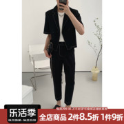 阿茶与阿古黑色短袖西装，休闲套装男夏季潮流明线西服西裤两件套