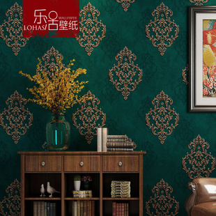 欧式大花绿色无纺布，大马士革墙纸奢华卧室客厅，背景墙壁纸复古美式