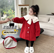 2023女童冬装洋气中长款红色呢大衣外套韩国宝宝棉衣加厚外套