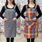 纯棉布格子围裙女家用厨房，防油污做饭罩衣，时尚可爱透气背带工作服