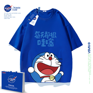 NASA亲子装2024一家三口夏季薄机器猫t恤短袖纯棉母子女夏装